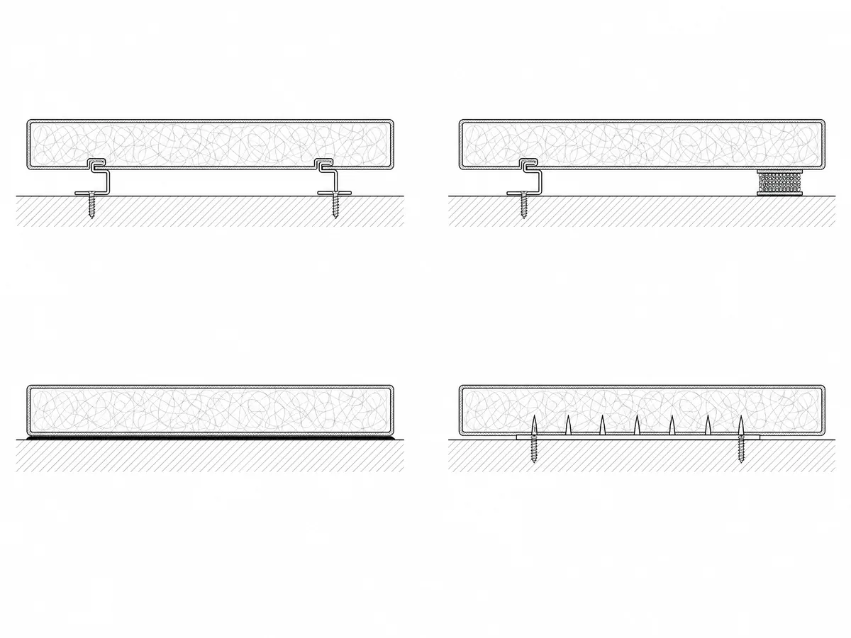 Drawing of four ways to fix a fabric-wrapped wall panel to a wall