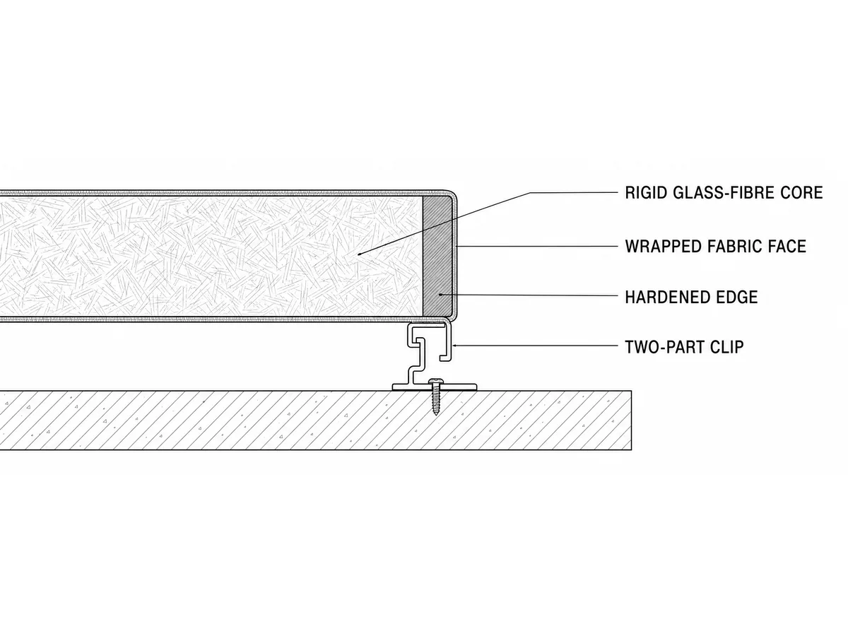 Section drawing of a wrapped wall panel: glass-fibre core, wrapped fabric face, hardened edge and two-part clip