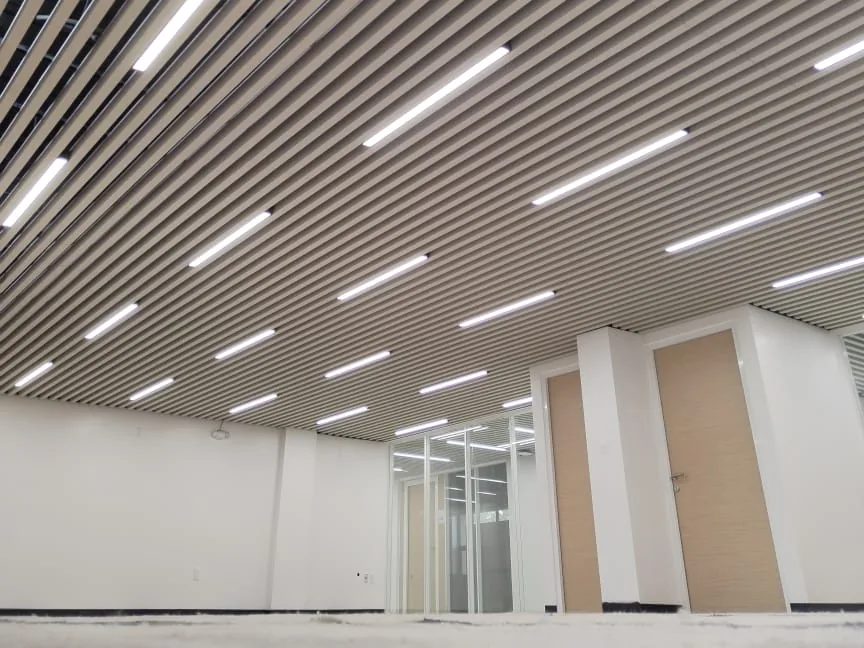 Long runs of baffles with linear lights across the ceiling of a large open room with white walls and wood-look doors