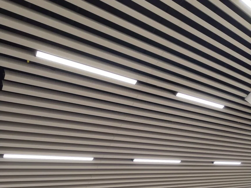 Dense field of light grey baffles with linear light fittings set between the blades