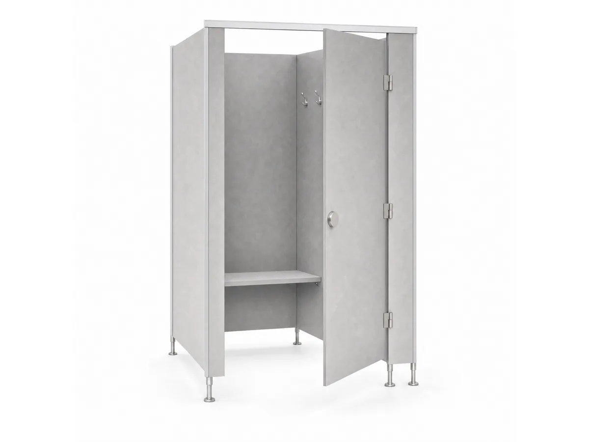 Rendered illustration of a changing cubicle with its door open, a bench across the inside and two coat hooks