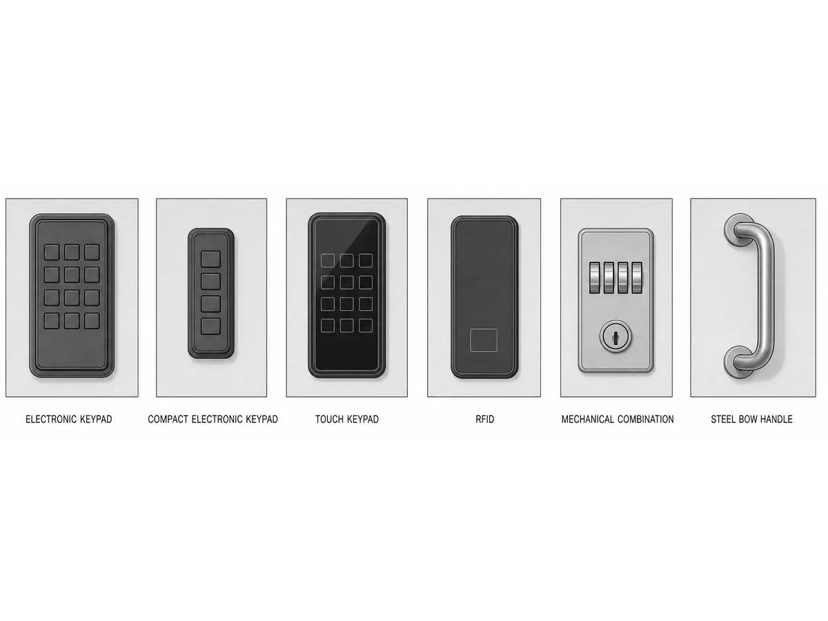 Illustrative drawing of locker locking options: electronic keypad, compact electronic keypad, touch keypad, RFID and mechanical combination, with a steel bow handle