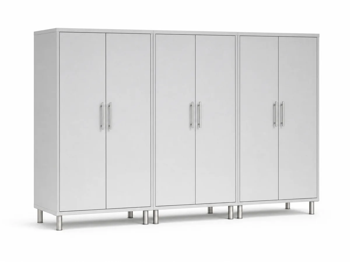 Rendered illustration: a run of three tall storage cabinets, two doors each, raised on metal legs
