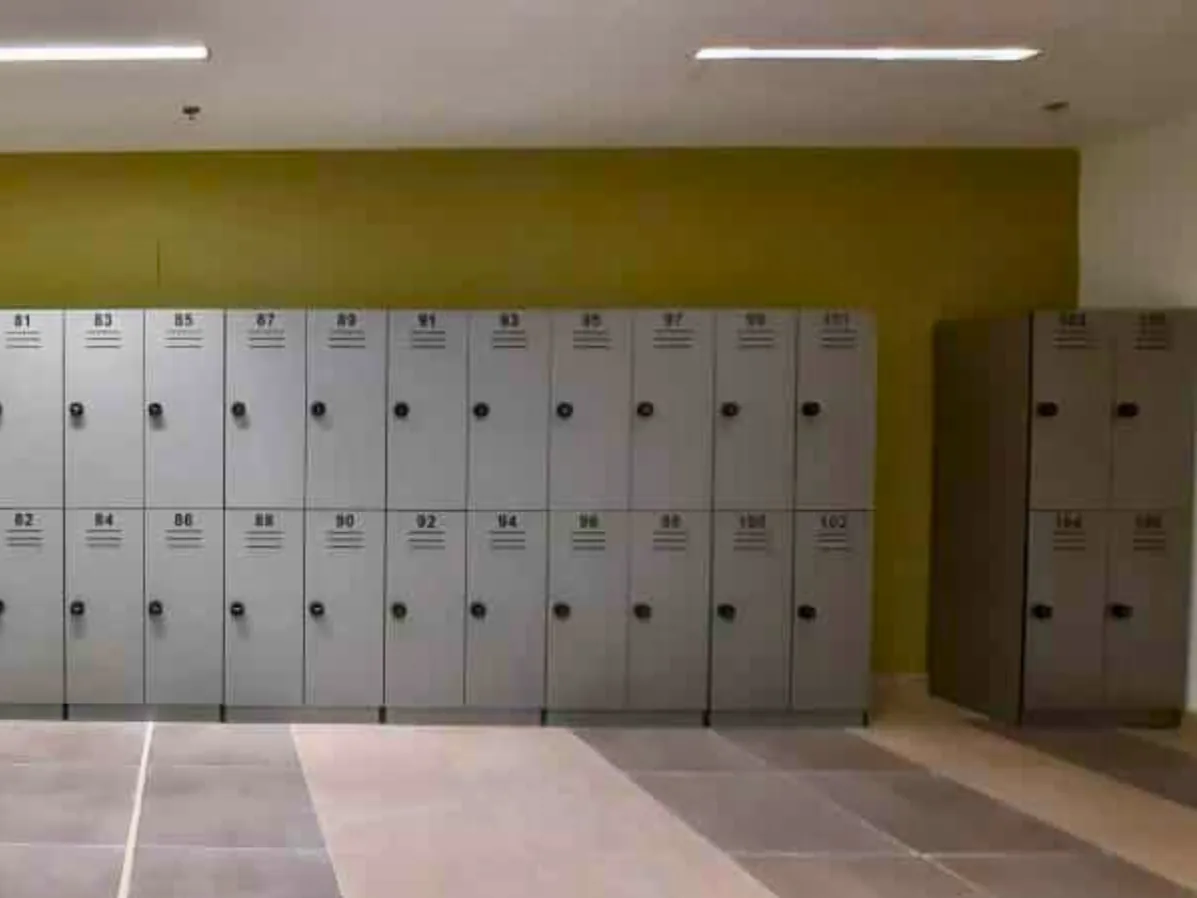 Grey two-tier lockers with numbered doors in a long run and a separate bank against an olive wall
