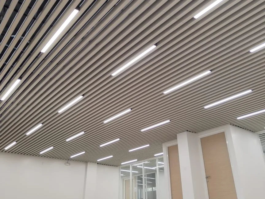 Long run of linear baffles with strip lights between them above a white corridor with wood-look doors