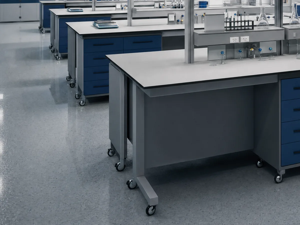 Rendered illustration of laboratory island benches with blue drawer units and light worktops