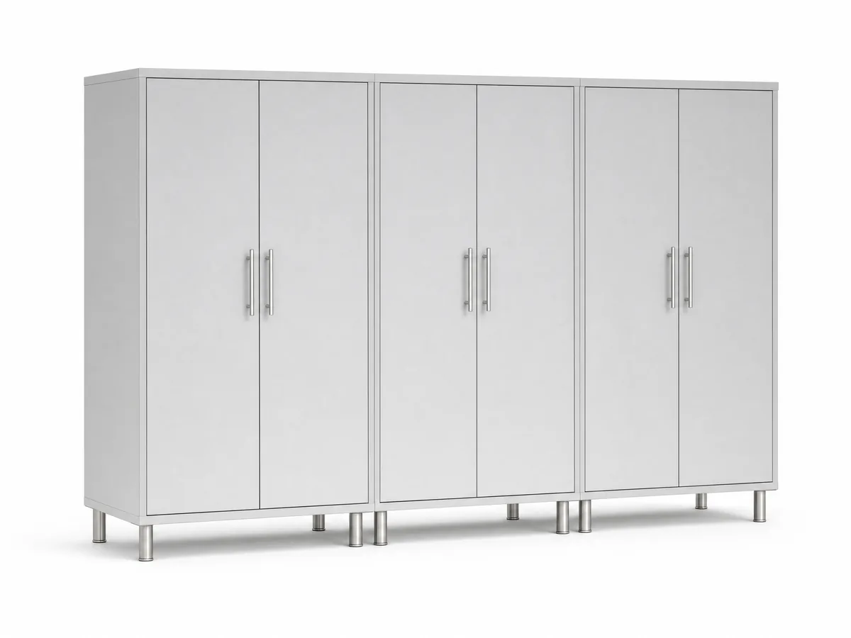 Rendered illustration of three tall two-door cabinets standing on metal legs