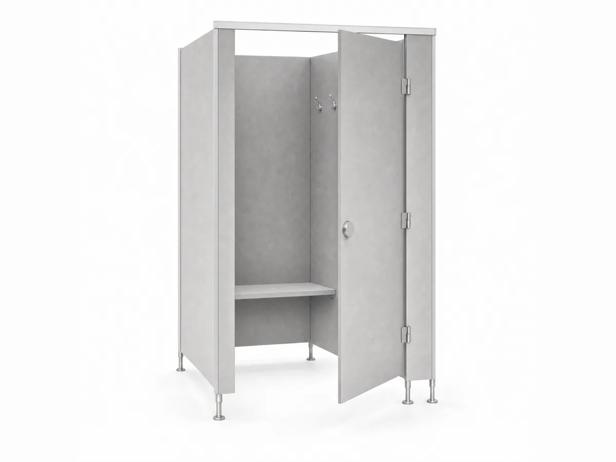 Rendered illustration of a grey changing cubicle with its door open and a bench and two coat hooks inside, on adjustable legs under a headrail