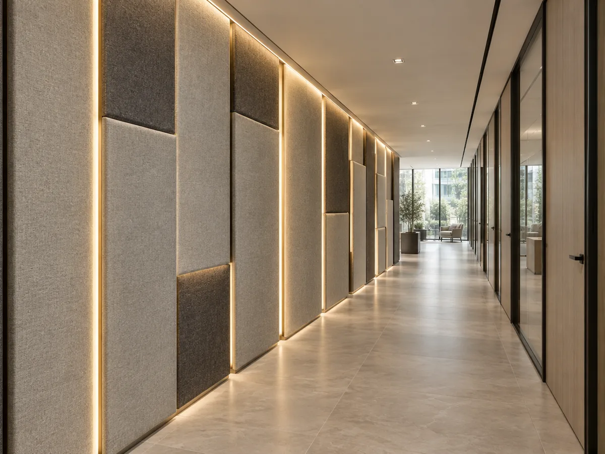 Rendered illustration of a corridor lined with grey fabric wall panels and warm light lines