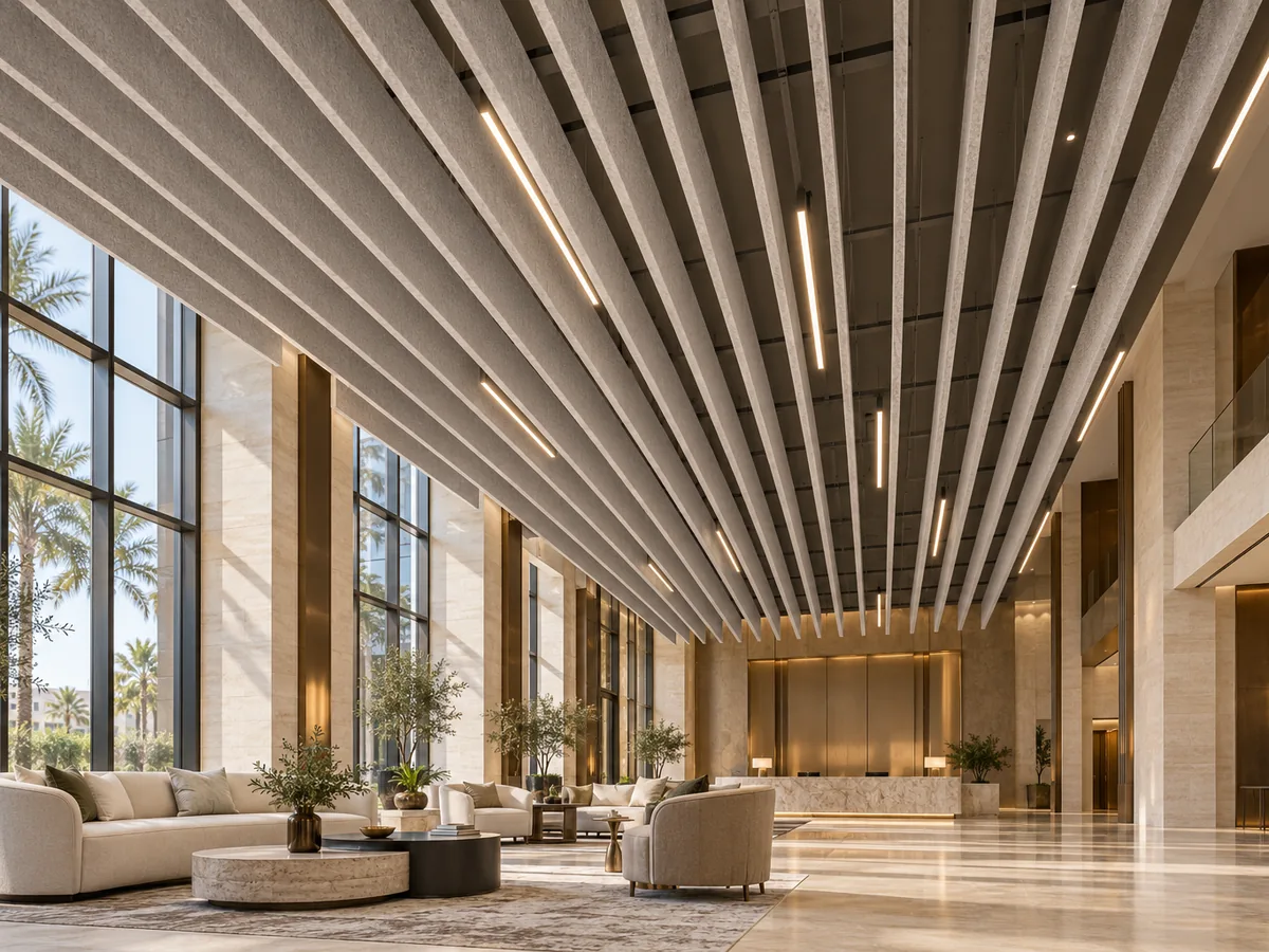 Rendered illustration of a double-height hotel lobby with a linear baffle ceiling over lounge seating, a stone floor and tall windows