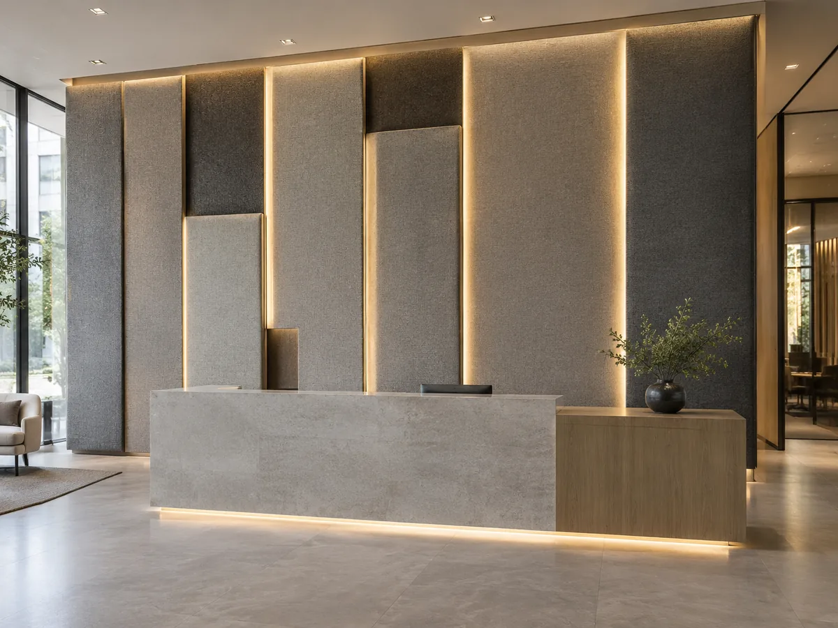Rendered illustration of a hotel reception desk in front of a wall of grey fabric panels with warm light lines between them