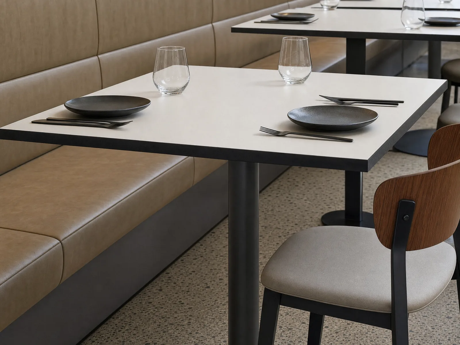 Rendered illustration of square restaurant tables with pale tops and dark edges, set with plates and glasses, beside a long upholstered banquette on a terrazzo floor