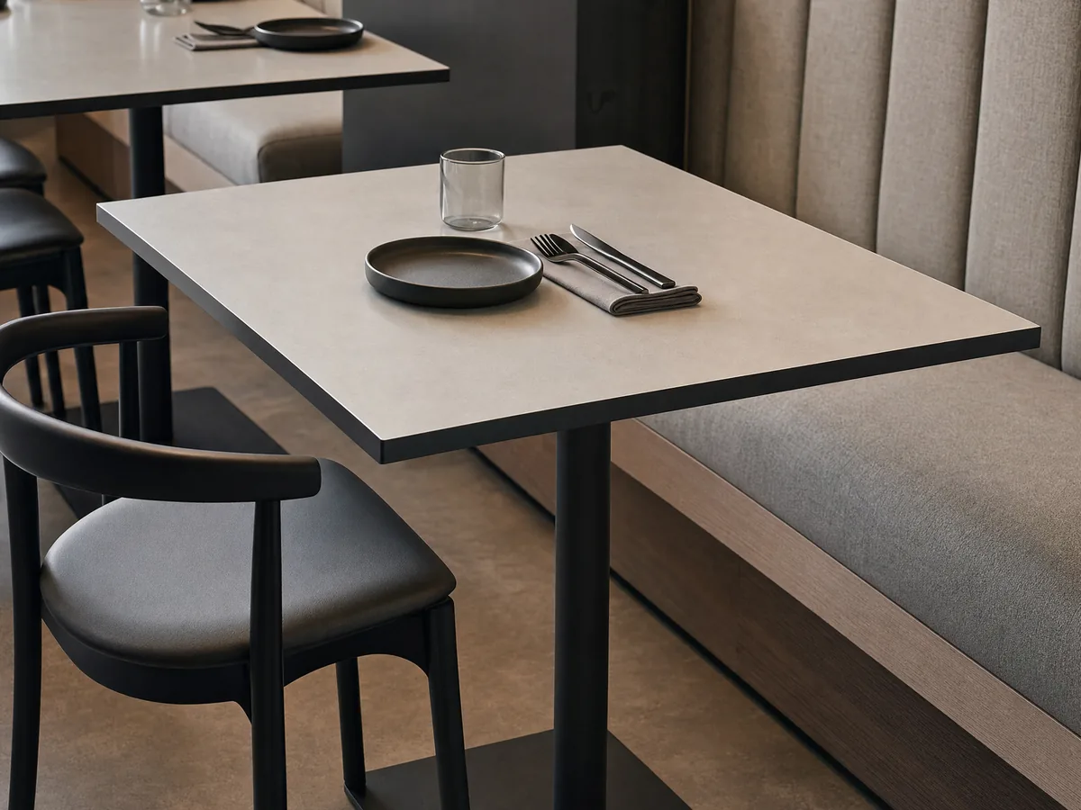 Rendered illustration of a square table with a grey stone-look top and a dark edge on a black pedestal base, beside a ribbed upholstered banquette