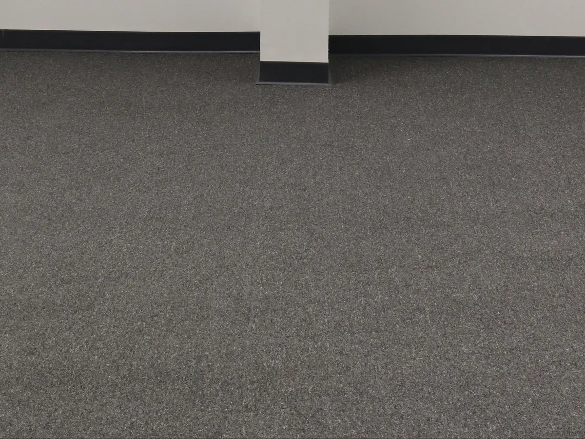 Close view of a grey carpet floor meeting a black skirting and a column base