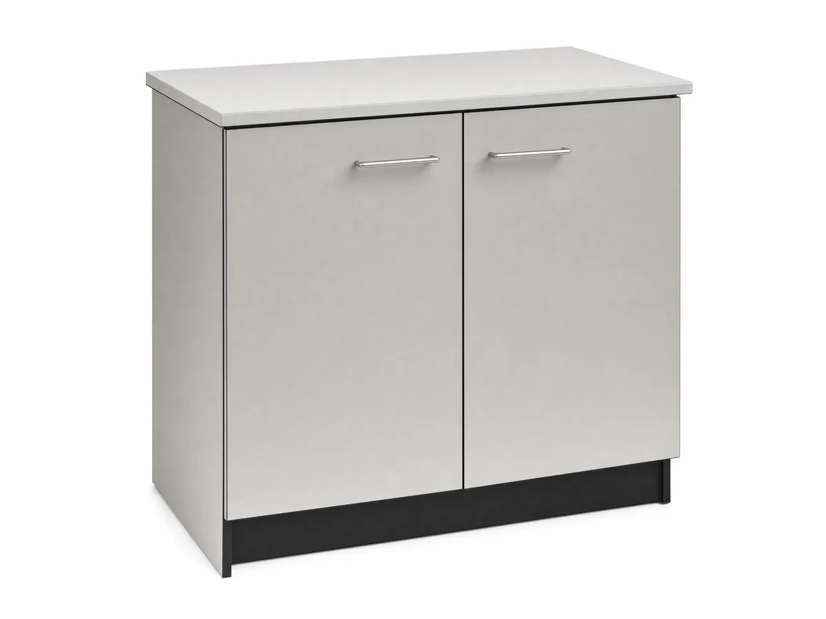 Rendered illustration of a two-door laboratory base cabinet with a light worktop and a dark plinth