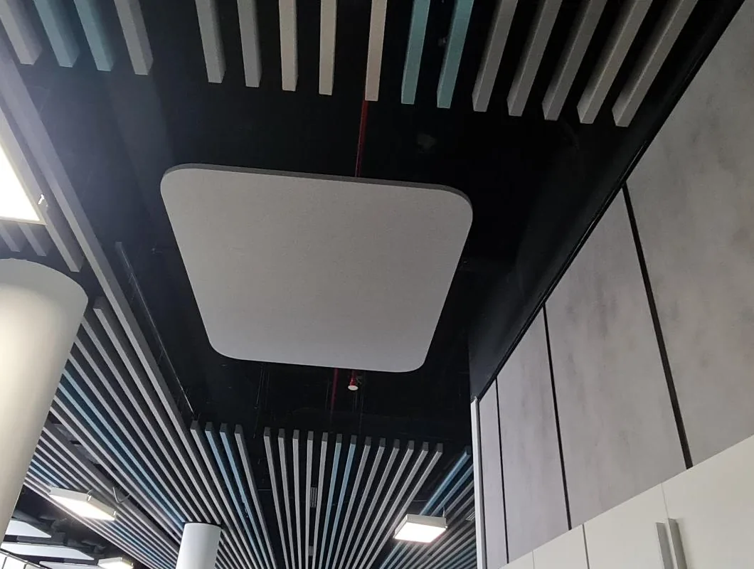 Flat suspended acoustic panel over an open-plan office, with baffles around it
