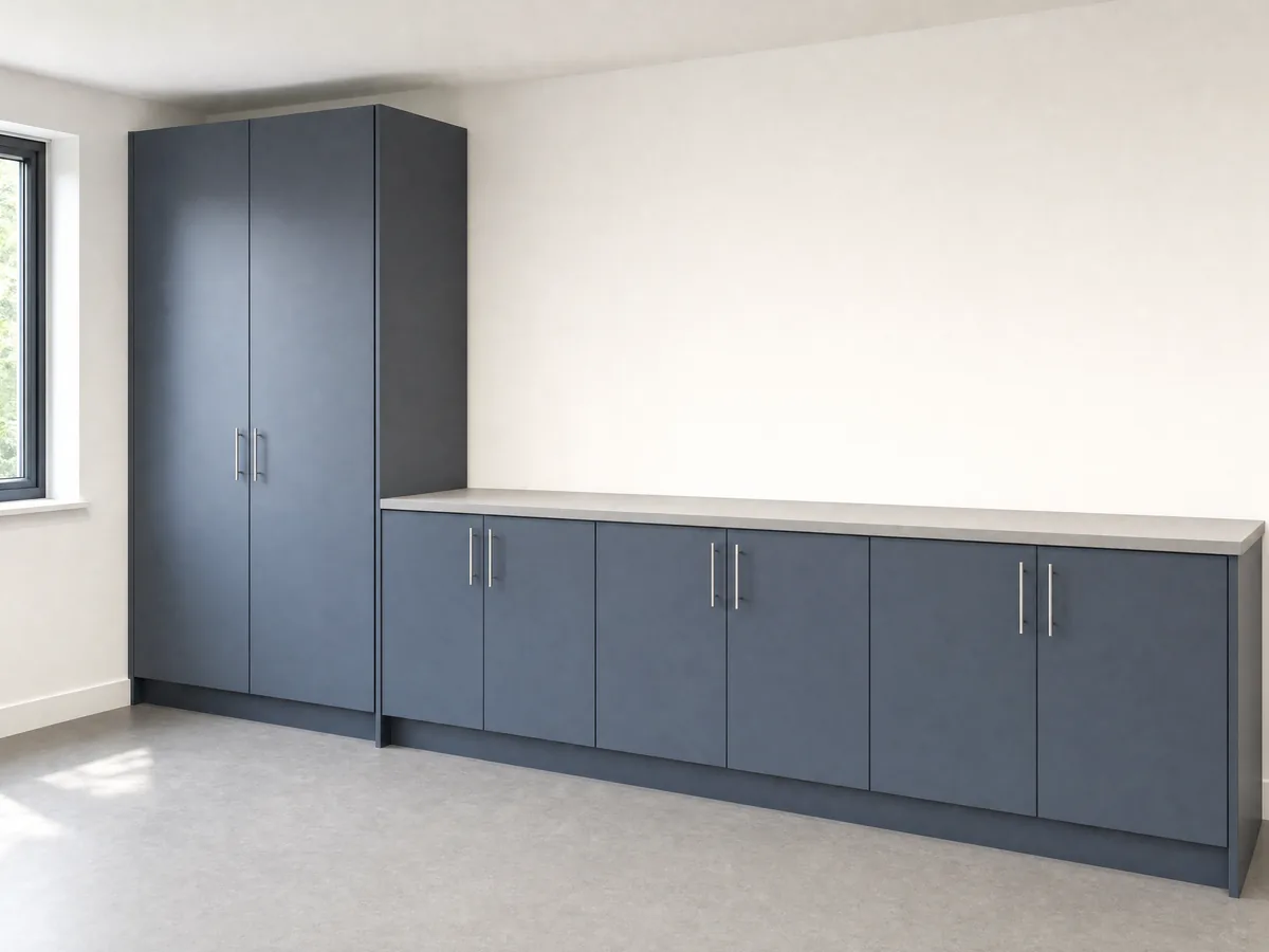 Illustration: a tall two-door cabinet beside a run of base cabinets with a worktop