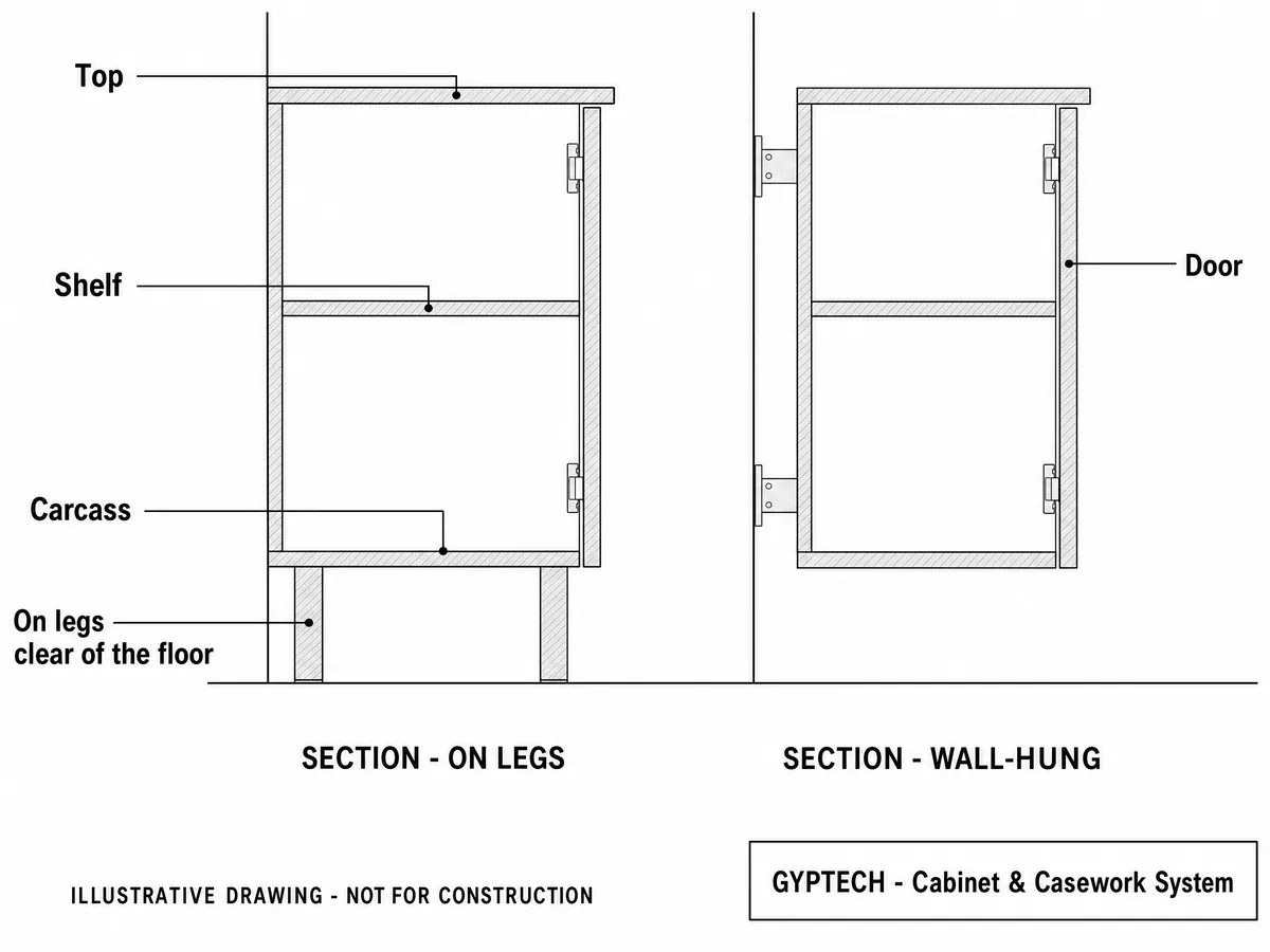 Illustrative drawing of two cabinet sections, one on legs clear of the floor and one wall-hung, showing the top, shelf, carcass and door