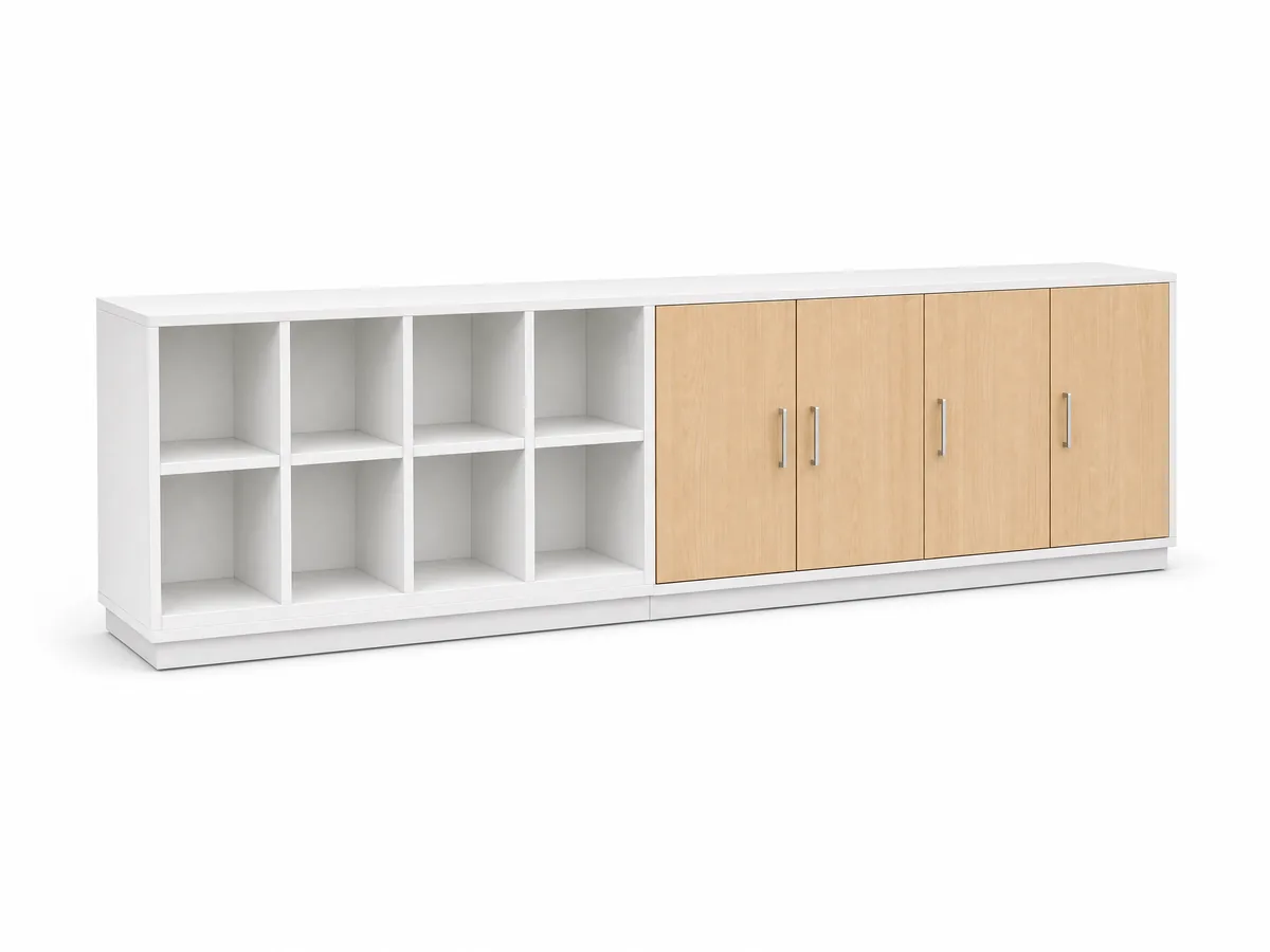 Illustration: classroom storage unit with open cubbies and wood-look doors