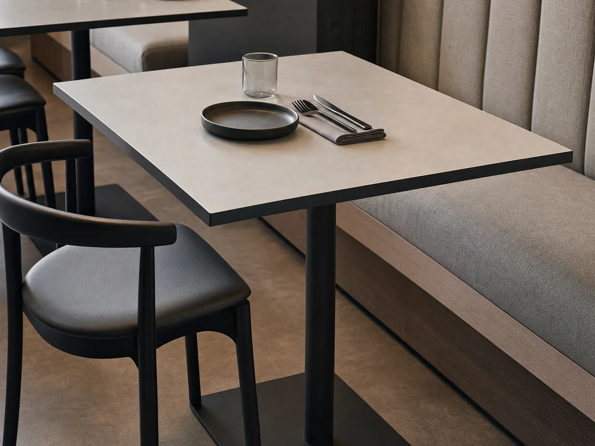 Illustration: a restaurant table with a stone-look top and a black edge on a pedestal base