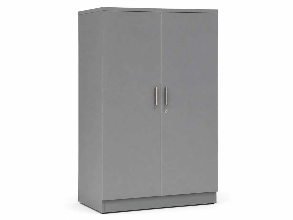 Illustration: grey two-door cabinet with a lock