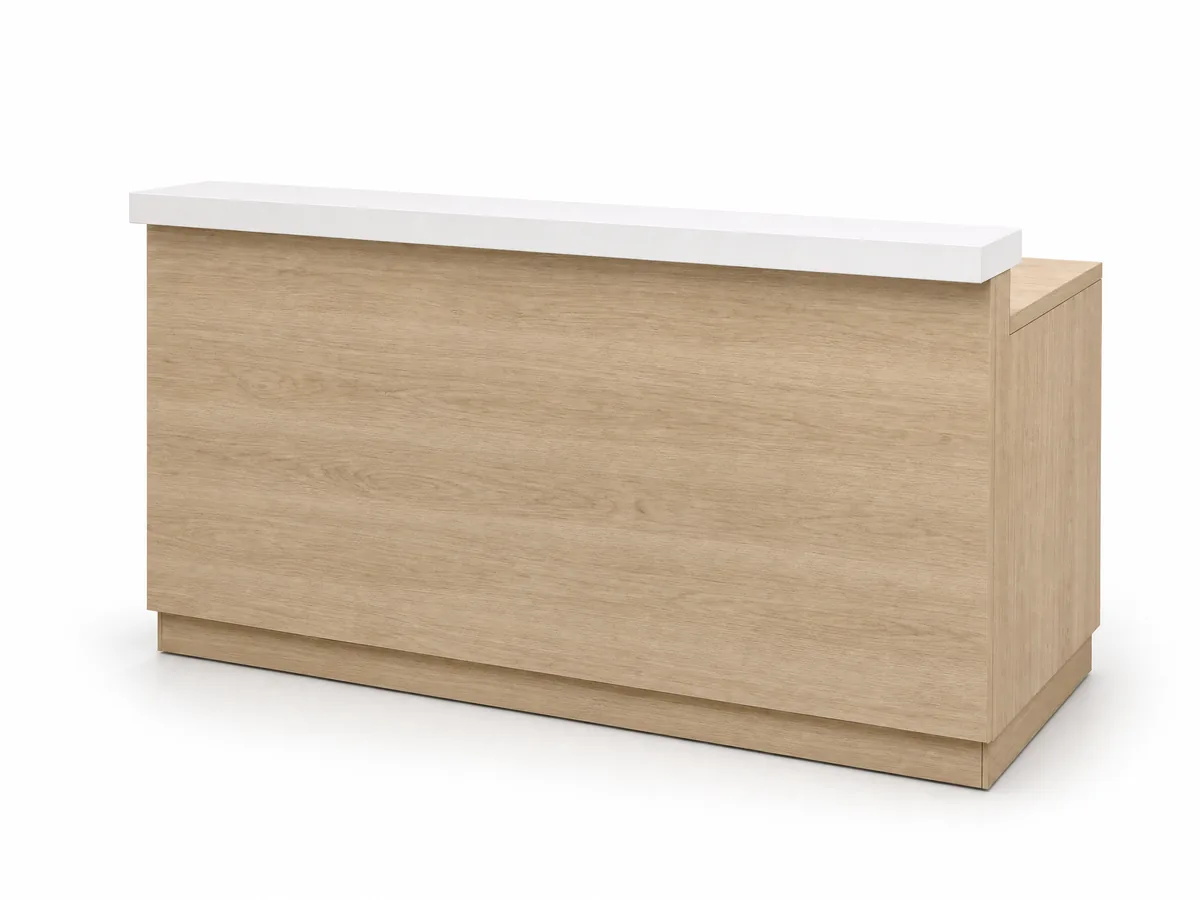 Illustration: reception counter with a wood-look front and a white counter top