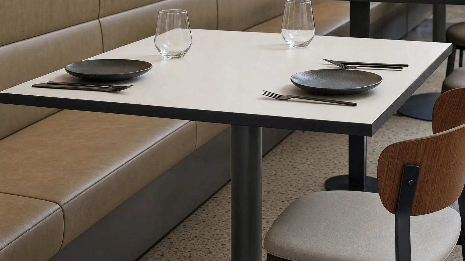Illustration: restaurant tables with light tops and black edges on pedestal bases, beside a banquette