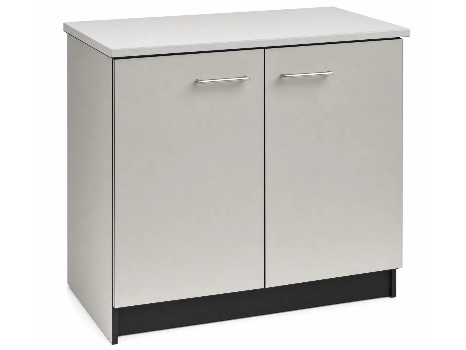 Two-door laboratory base cabinet with a light worktop and a dark plinth