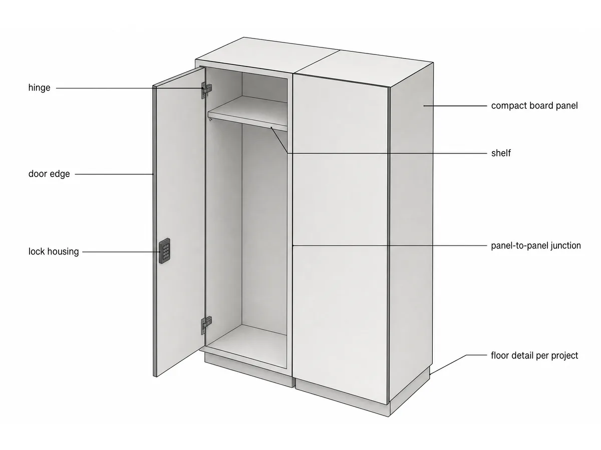 Illustrative drawing of locker construction: compact board panels, panel-to-panel junction, shelf, hinges and lock housing