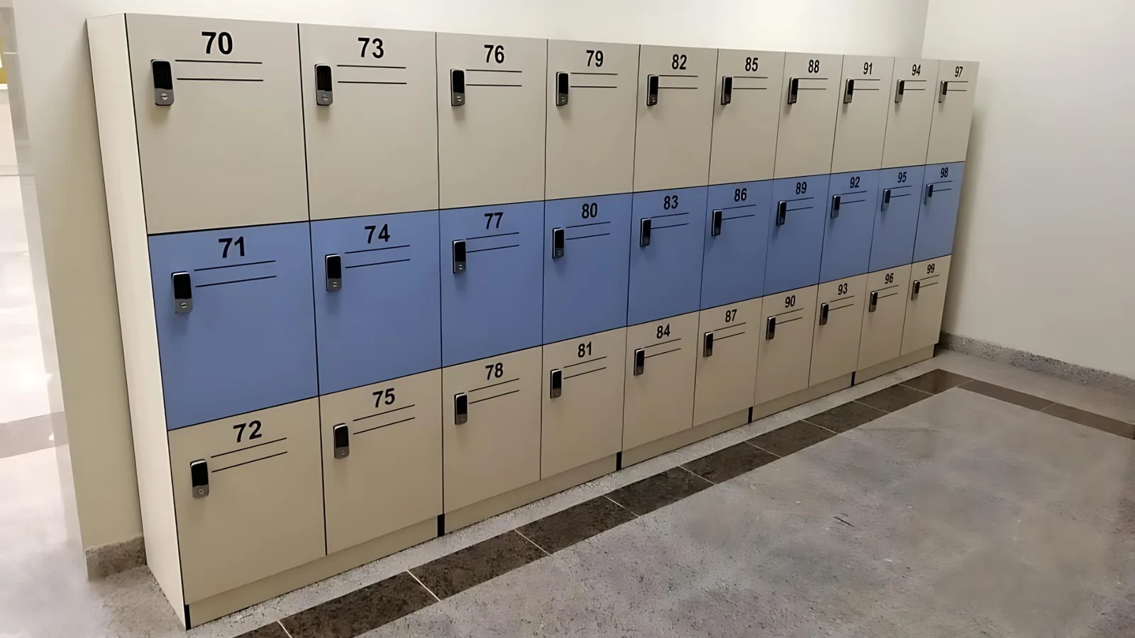 Three-tier locker bank with numbered doors and electronic locks