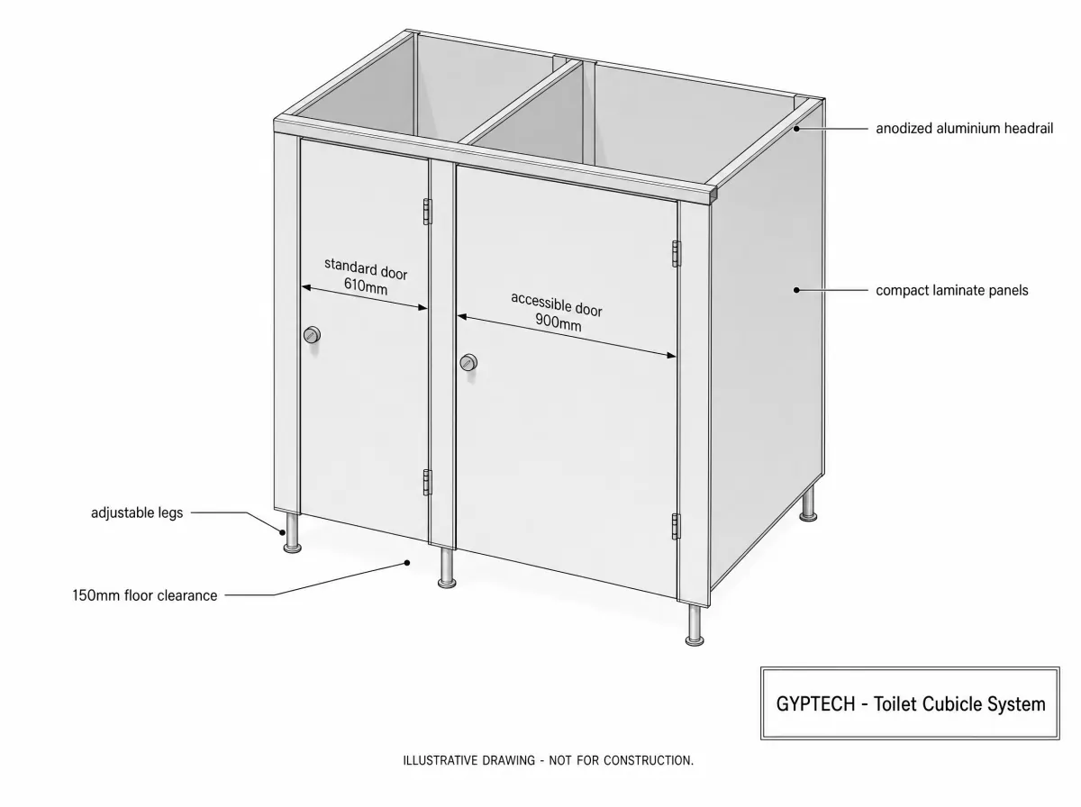 Illustrative drawing comparing a standard 610 mm cubicle door with a 900 mm accessible door